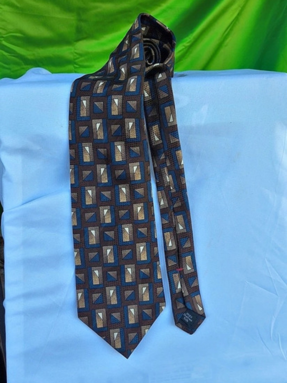 Vito Marazzo Geometric Silk-Style Tie in Blue & Brown Like New